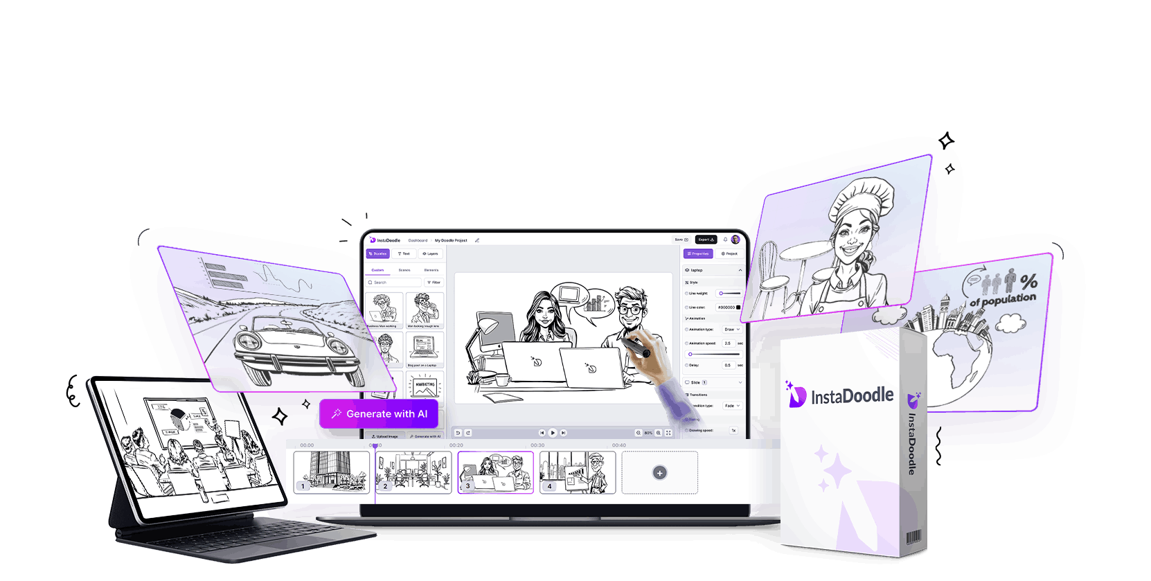 InstaDoodle Main Banner - AI Whiteboard Animation Software Interface